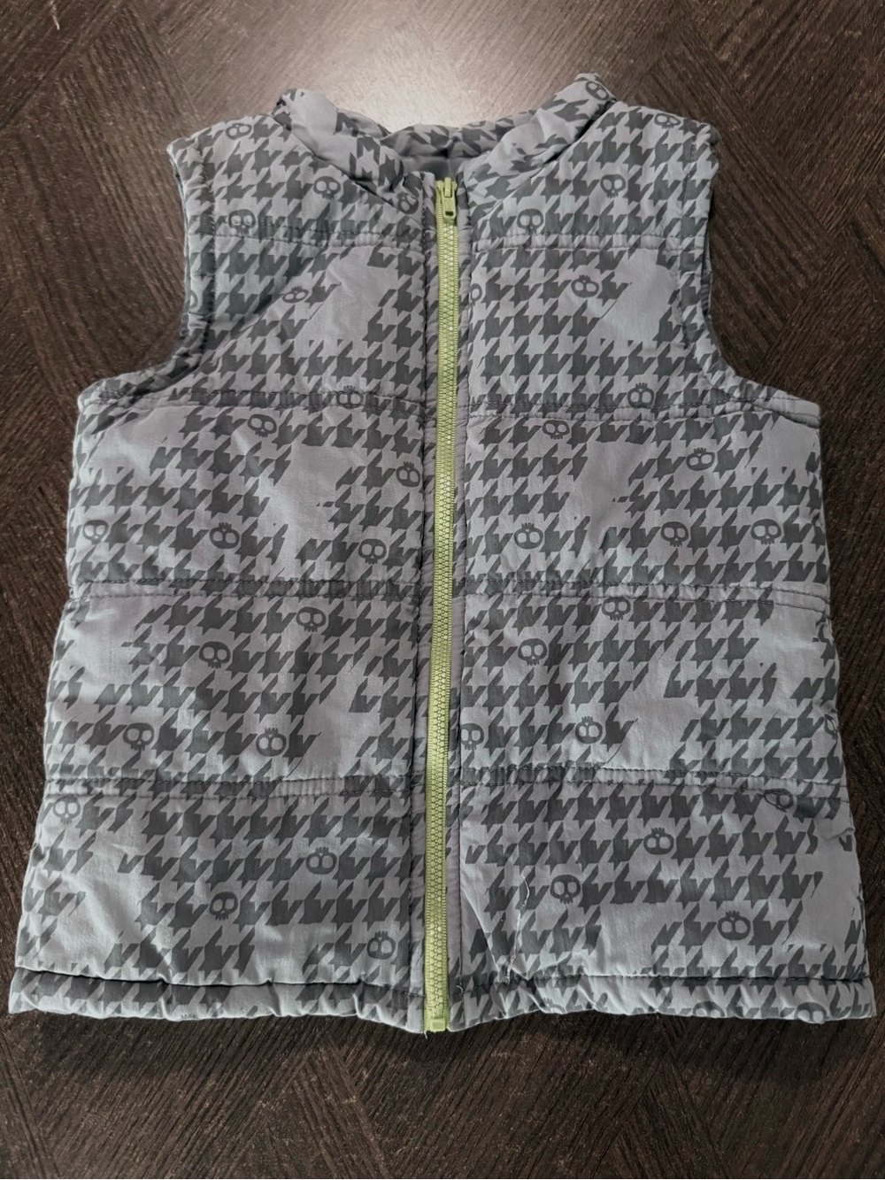Wonderkids Gray Houndstooth and Skull Puffer Vest with Lime Green Zip